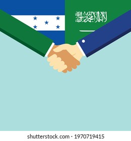 The handshake and two flags Honduras and Saudi Arabia. Flat style vector illustration.
