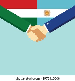 The handshake and two flags Hungary and Argentina. Flat style vector illustration.