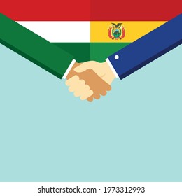 The handshake and two flags Hungary and Bolivia. Flat style vector illustration.