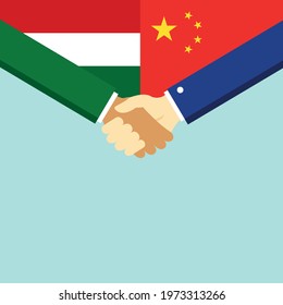 The handshake and two flags Hungary and China. Flat style vector illustration.