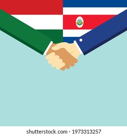 The handshake and two flags Hungary and Costa Rica. Flat style vector illustration.