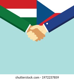 The handshake and two flags Hungary and Czech Republic. Flat style vector illustration.