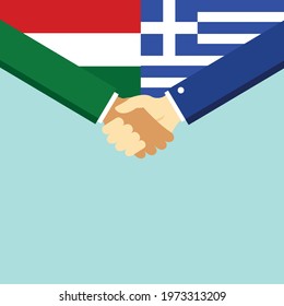 The handshake and two flags Hungary and Greece. Flat style vector illustration.