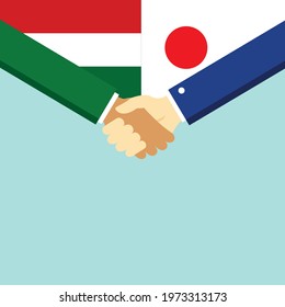 The handshake and two flags Hungary and Japan. Flat style vector illustration.