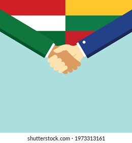 The handshake and two flags Hungary and Lithuania. Flat style vector illustration.