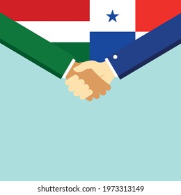 The handshake and two flags Hungary and Panama. Flat style vector illustration.