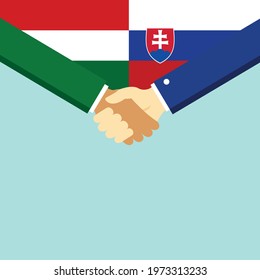 The handshake and two flags Hungary and Slovakia. Flat style vector illustration.