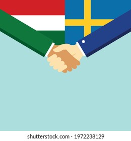 The handshake and two flags Hungary and Sweden. Flat style vector illustration.