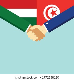 The handshake and two flags Hungary and Tunisia. Flat style vector illustration.