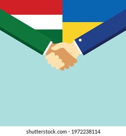 The handshake and two flags Hungary and Ukraine. Flat style vector illustration.