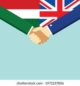 The handshake and two flags Hungary and United Kingdom. Flat style vector illustration.
