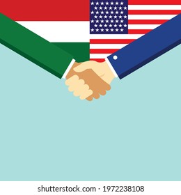 The handshake and two flags Hungary and USA. Flat style vector illustration.