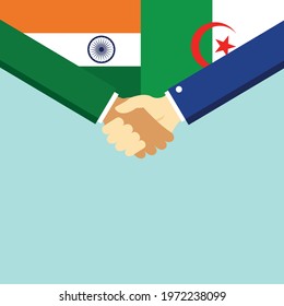 The handshake and two flags India and Algeria. Flat style vector illustration.