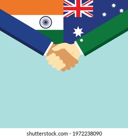 The handshake and two flags India and Australia. Flat style vector illustration.
