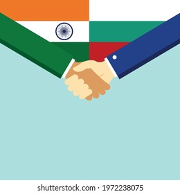 The handshake and two flags India and Bulgaria. Flat style vector illustration.