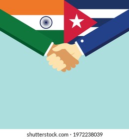 The handshake and two flags India and Cuba. Flat style vector illustration.