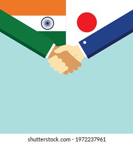 The handshake and two flags India and Japan. Flat style vector illustration.