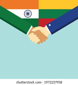 The handshake and two flags India and Lithuania. Flat style vector illustration.