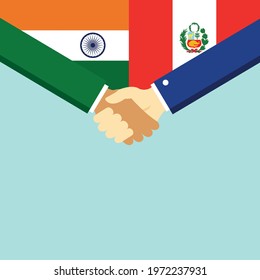 The handshake and two flags India and Peru. Flat style vector illustration.