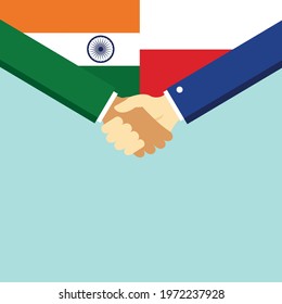 The handshake and two flags India and Poland. Flat style vector illustration.