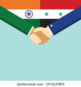 The handshake and two flags India and Syria. Flat style vector illustration.