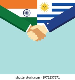 The handshake and two flags India and Uruguay. Flat style vector illustration.