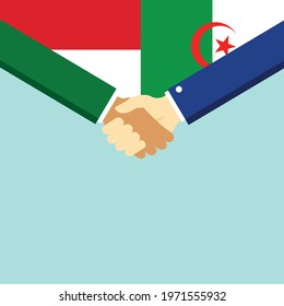 The handshake and two flags Indonesia and Algeria. Flat style vector illustration.