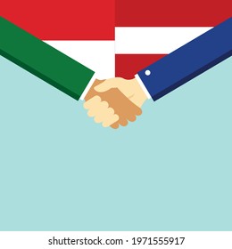 The handshake and two flags Indonesia and Austria. Flat style vector illustration.