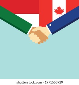 The handshake and two flags Indonesia and Canada. Flat style vector illustration.