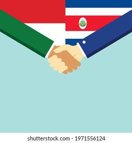 The handshake and two flags Indonesia and Costa Rica. Flat style vector illustration.