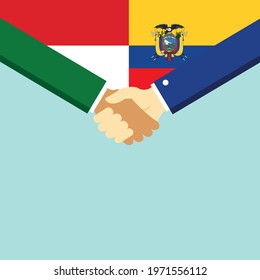 The handshake and two flags Indonesia and Ecuador. Flat style vector illustration.
