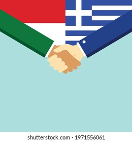 The handshake and two flags Indonesia and Greece. Flat style vector illustration.