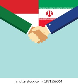 The handshake and two flags Indonesia and Iran. Flat style vector illustration.