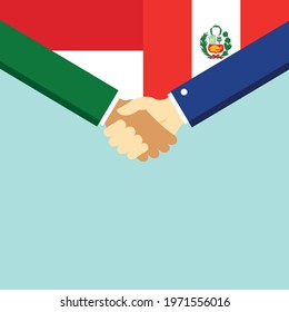 The handshake and two flags Indonesia and Peru. Flat style vector illustration.