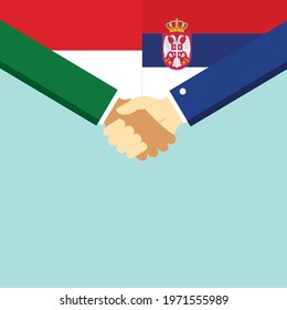 The handshake and two flags Indonesia and Serbia. Flat style vector illustration.