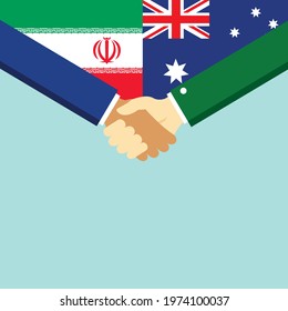 The handshake and two flags Iran and Australia. Flat style vector illustration.