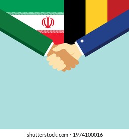 The handshake and two flags Iran and Belgium. Flat style vector illustration.