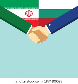 The handshake and two flags Iran and Bulgaria. Flat style vector illustration.