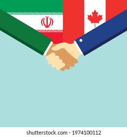 The handshake and two flags Iran and Canada. Flat style vector illustration.