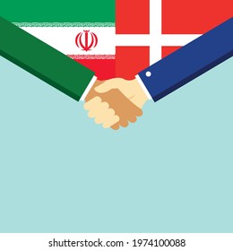 The handshake and two flags Iran and Denmark. Flat style vector illustration.