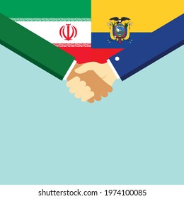 The handshake and two flags Iran and Ecuador. Flat style vector illustration.