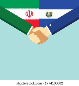 The handshake and two flags Iran and El Salvador. Flat style vector illustration.