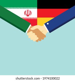The handshake and two flags Iran and Germany. Flat style vector illustration.
