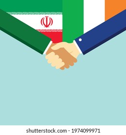 The handshake and two flags Iran and Ireland. Flat style vector illustration.