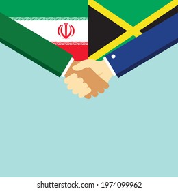 The handshake and two flags Iran and Jamaica. Flat style vector illustration.