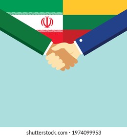 The handshake and two flags Iran and Lithuania. Flat style vector illustration.