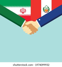 The handshake and two flags Iran and Peru. Flat style vector illustration.