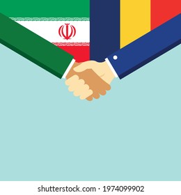 The handshake and two flags Iran and Romania. Flat style vector illustration.