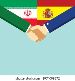The handshake and two flags Iran and Spain. Flat style vector illustration.