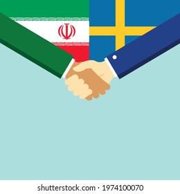 The handshake and two flags Iran and Sweden. Flat style vector illustration.